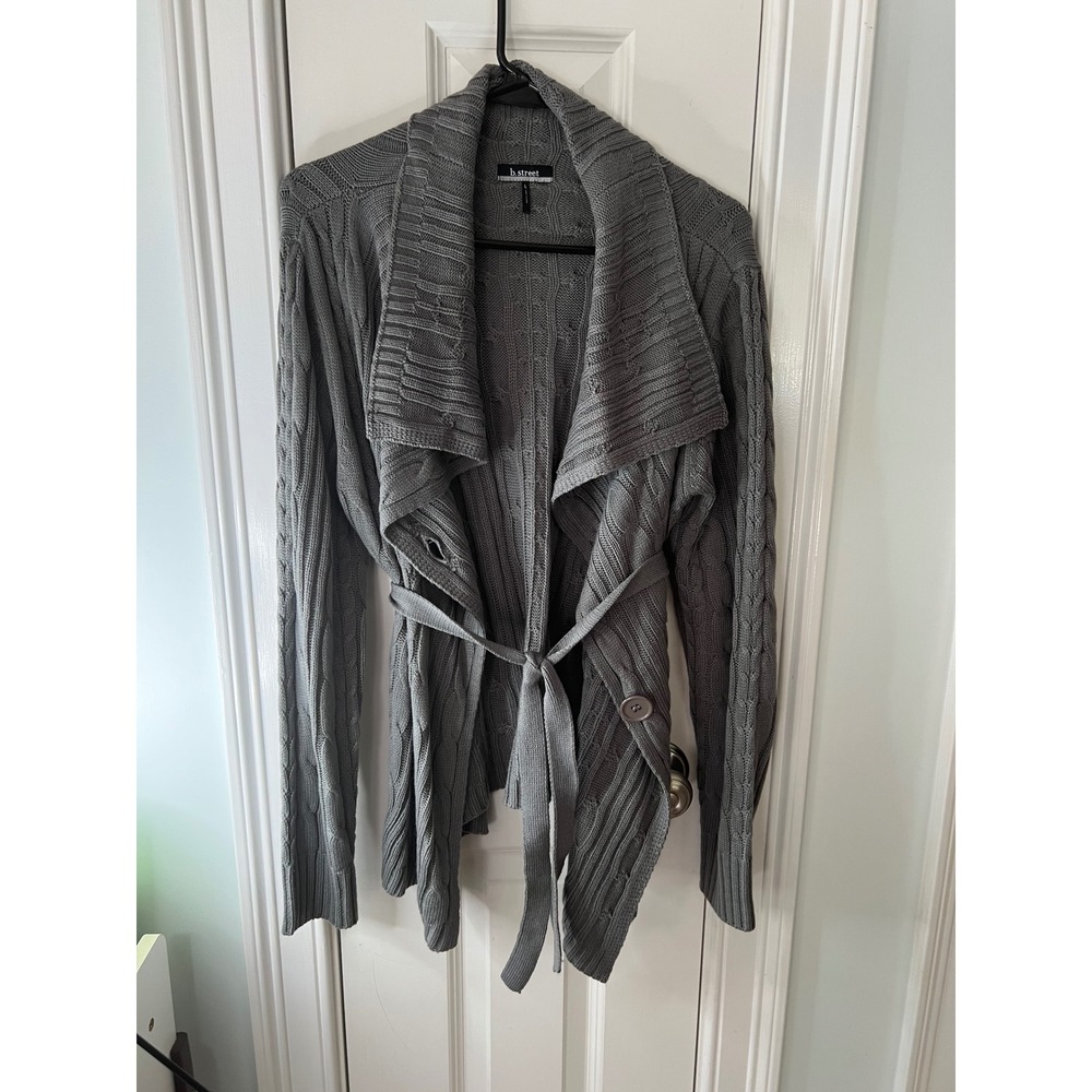 B. Street Womens Grey Cable Knit Shawl Collar Belted Cardigan Sweater Large